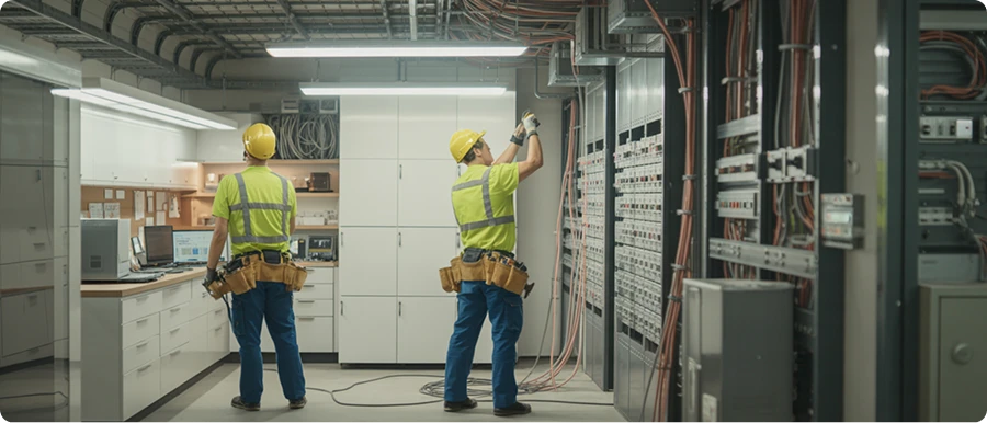 Electricians installing and maintaining commercial electrical panels.