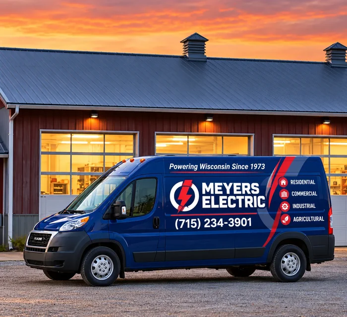 Meyers Electric service van showcasing agricultural electrical services for Wisconsin farms.