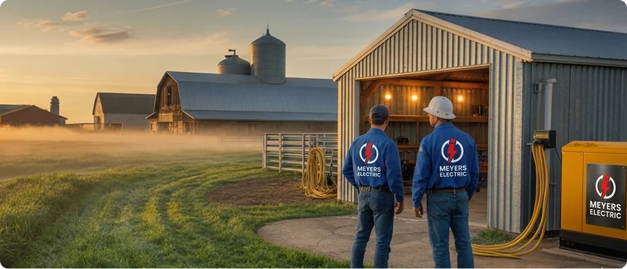 Meyers Electric technicians inspecting a generator installation at a farm