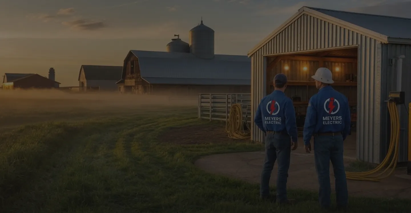 Meyers Electric technicians inspecting a generator installation at a farm