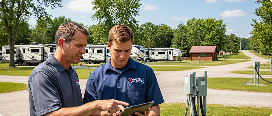 Meyers Electric technicians reviewing campground electrical systems.