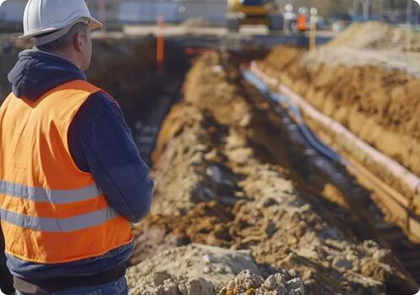 Electrician inspecting an underground trench for farm electrical wiring.
