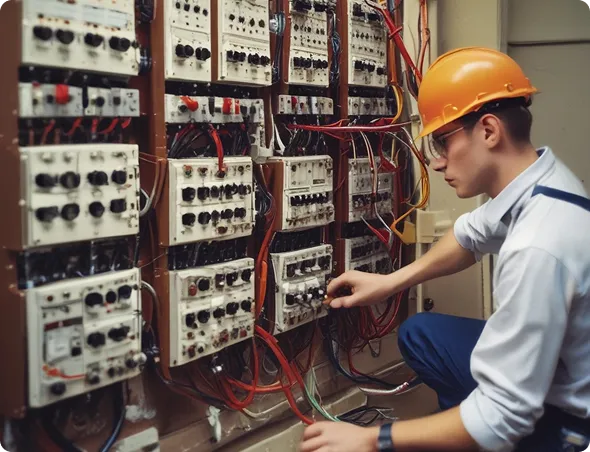 Industrial electrician inspecting electrical control panels and wiring to identify potential equipment failures.