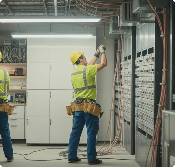 Licensed electricians installing and inspecting agricultural electrical panels.