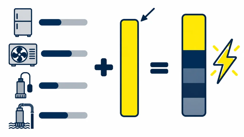 Diagram showing running watts added together, then the largest surge added once