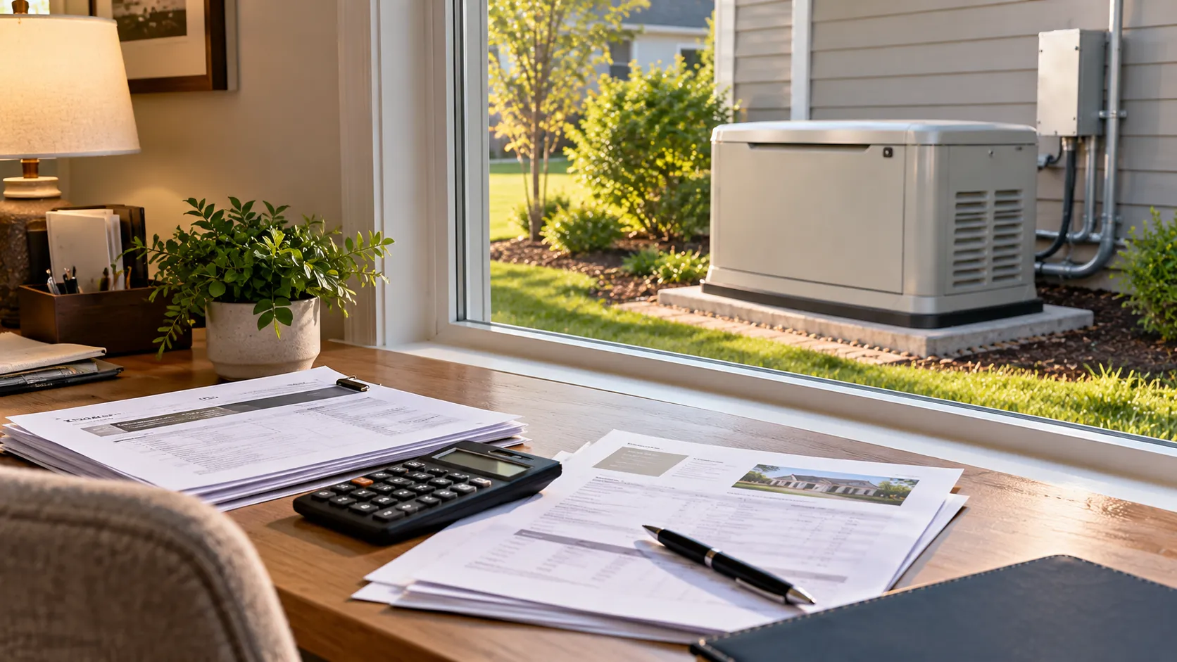 Generator installation invoice, calculator, and tax records organized on a desk with a residential standby generator visible outside.
