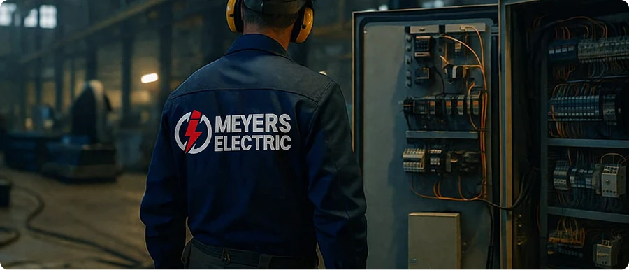 Meyers Electric technician inspecting an industrial control panel