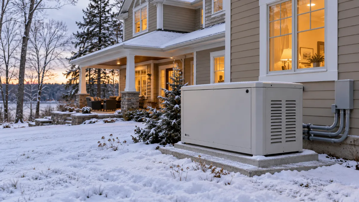 Whole-house standby generator installed beside a Wisconsin home during winter, providing reliable residential backup power.
