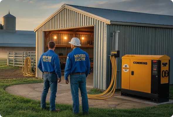 Electricians installing farm generator and agricultural electrical systems.