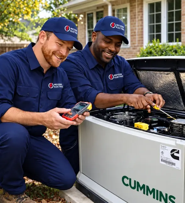 Technicians servicing residential standby generator