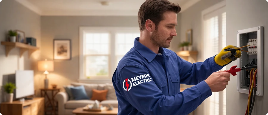 Meyers Electric electrician working on a home electrical panel.