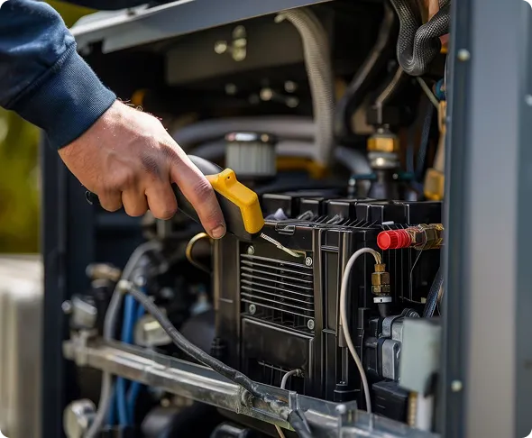 Electrician inspecting a standby generator for agricultural backup power.