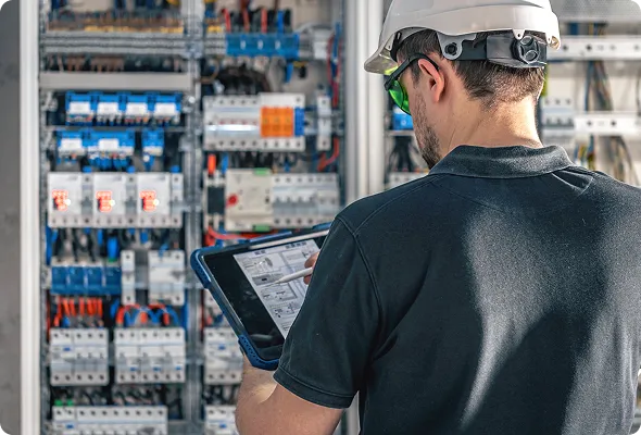 Industrial electrician inspecting control panels with a diagnostic tablet in a manufacturing facility.