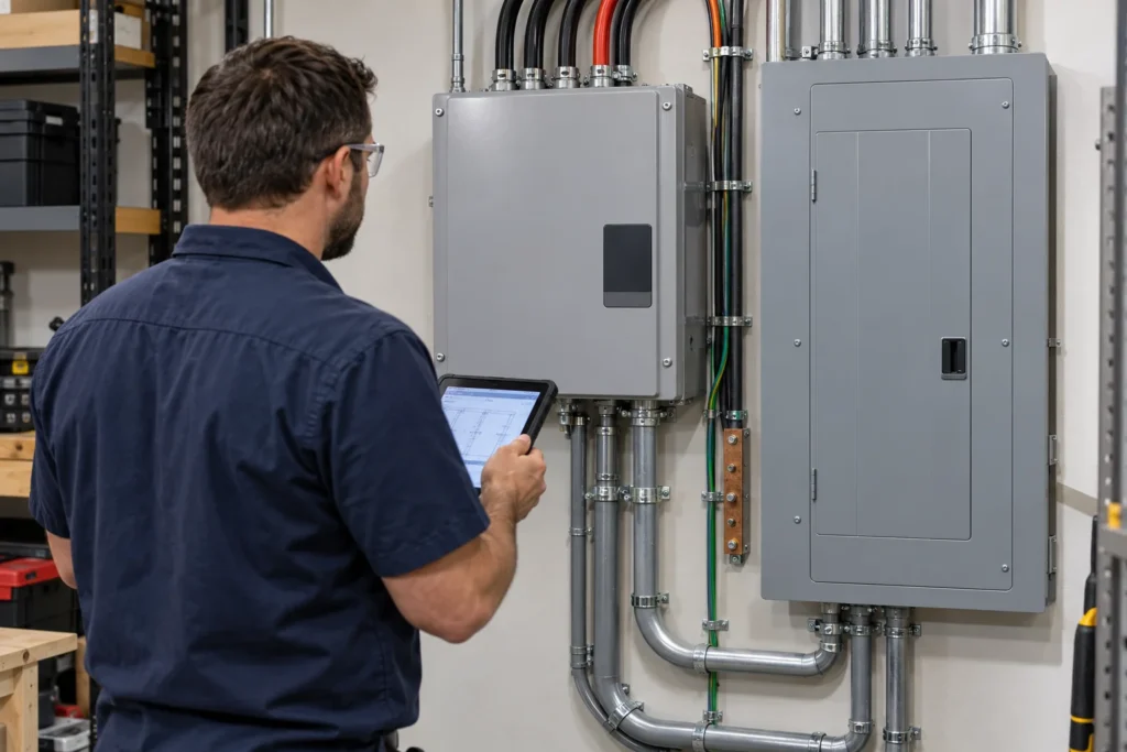Electrician inspecting a transfer switch next to an electrical panel