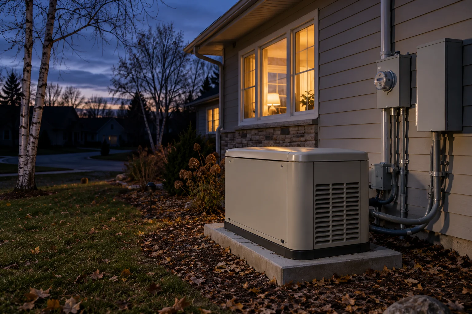 Standby generator running beside a house during a power outage
